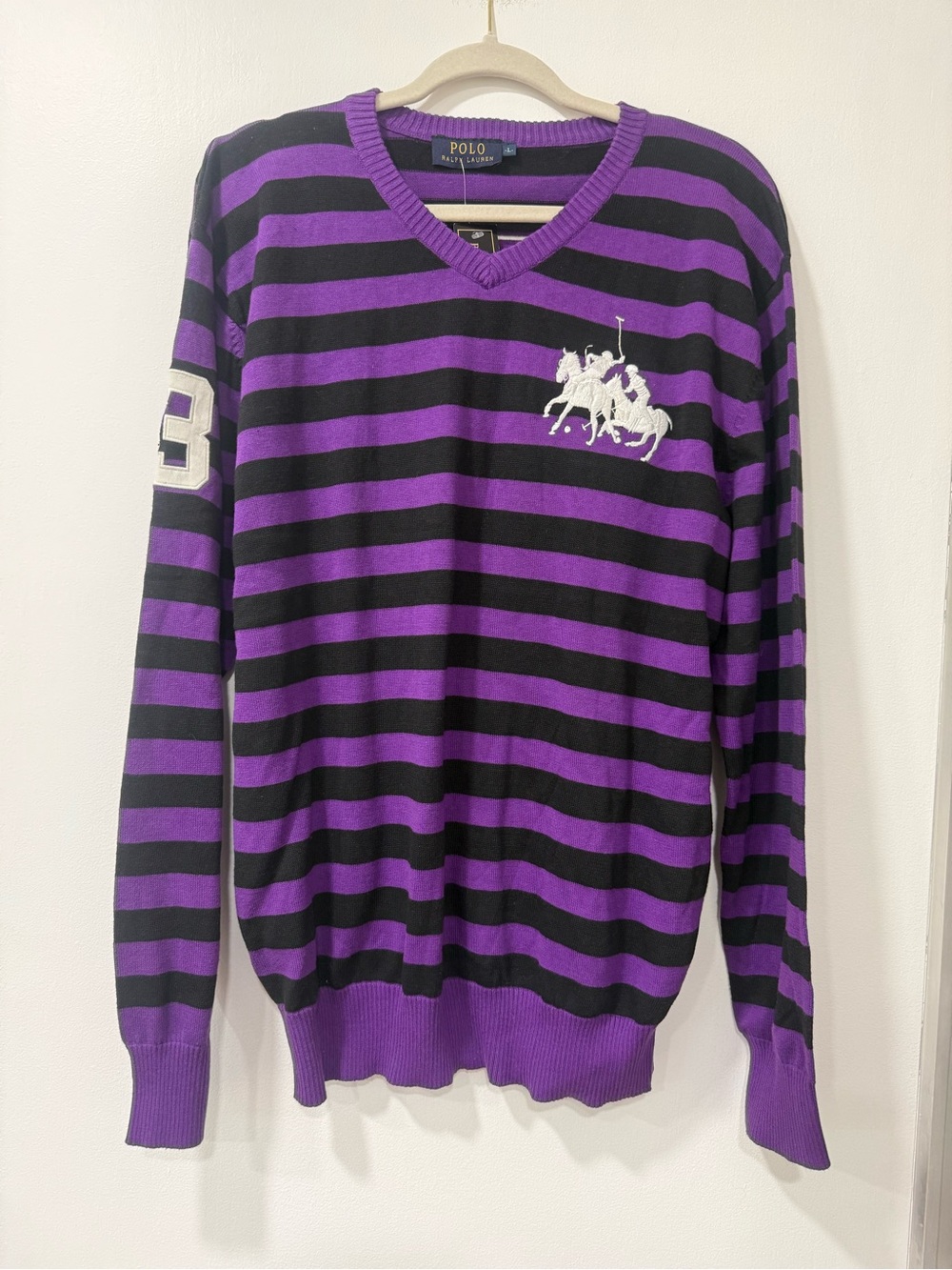 Vintage Polo by Ralph Lauren Men’s Purple & Black Striped V-Neck Sweater